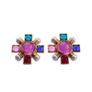 Macaron Paris Signed Maltese Cross colorful poured glass cabochon Pearl earrings
